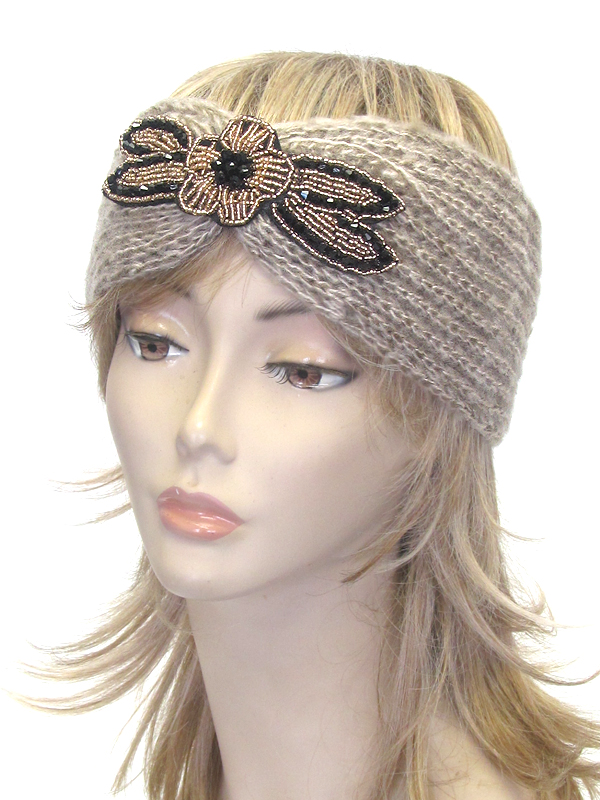 Multi bead flower crochet knit headwrap