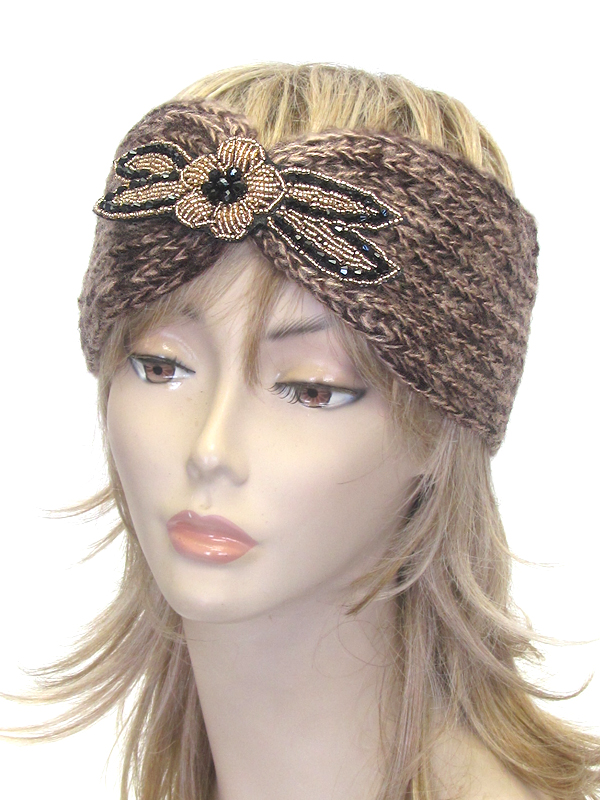 Multi bead flower crochet knit headwrap