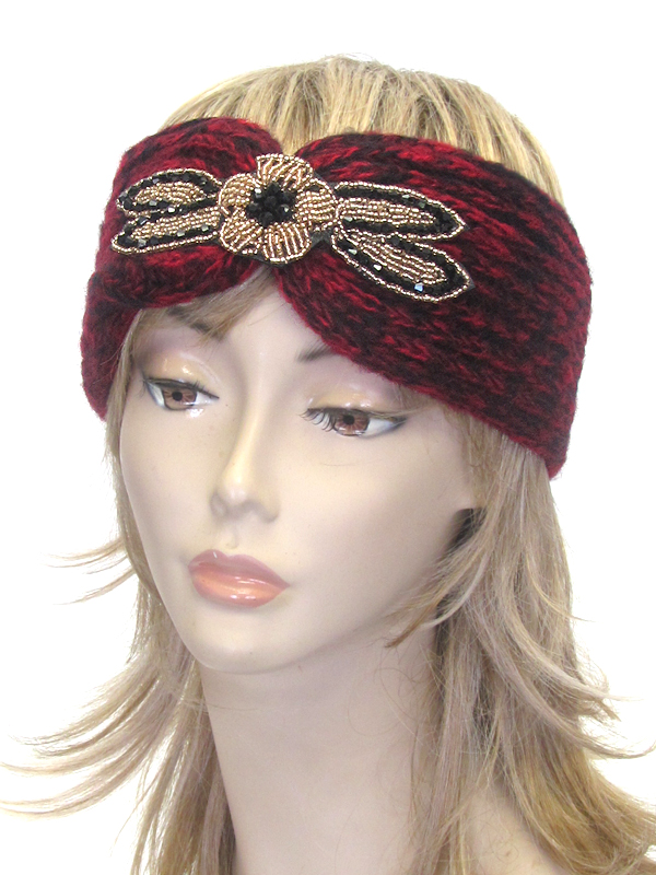 Multi bead flower crochet knit headwrap