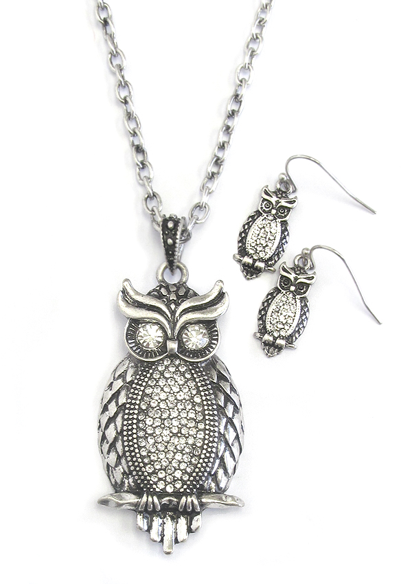 Crystal owl pendant necklace set