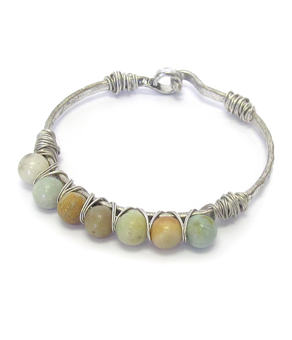 Genuine stone wired metal bangle bracelet