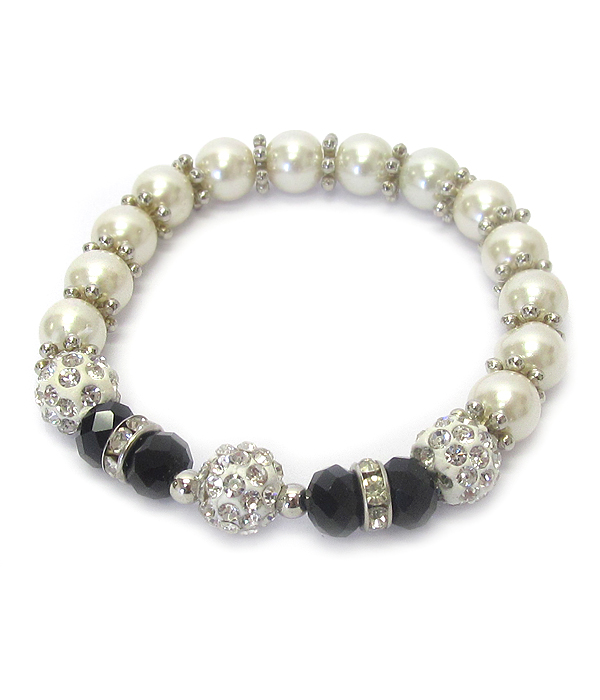 Crystal clay ball and pearl stretch bracelet
