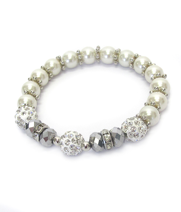 Crystal clay ball and pearl stretch bracelet