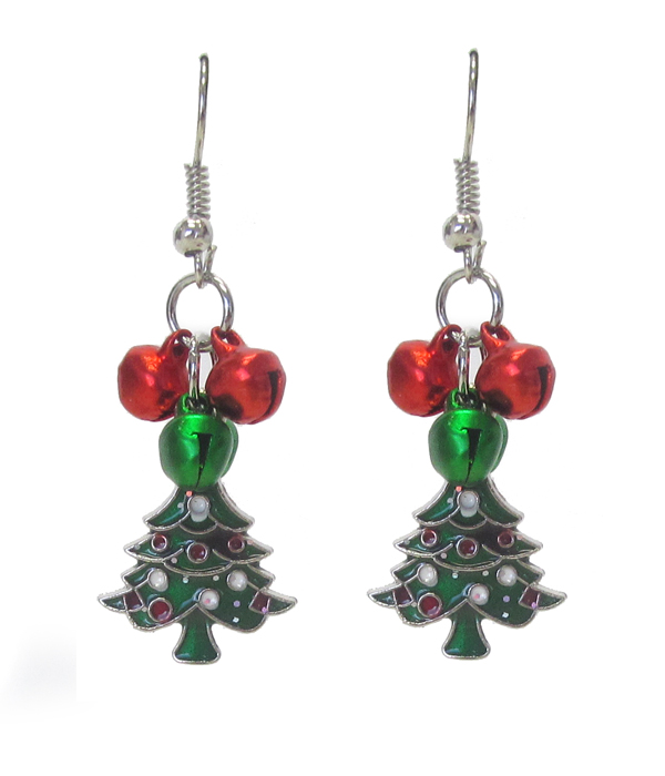 Christmas tree and bell dangle earring