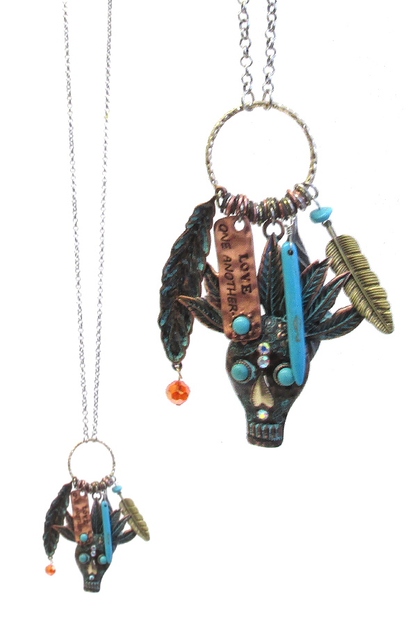 Sugar skull and feather charm pendant long necklace - love one another