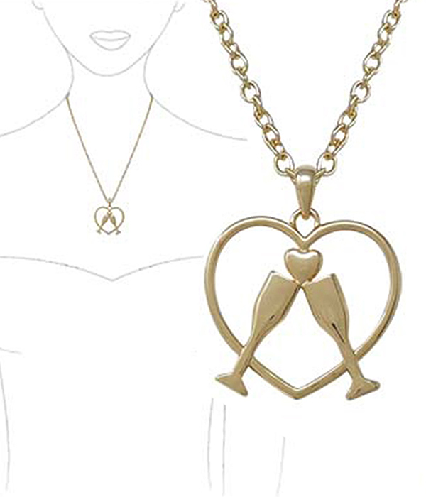 Metal wire art pendant necklace - heart and champaign