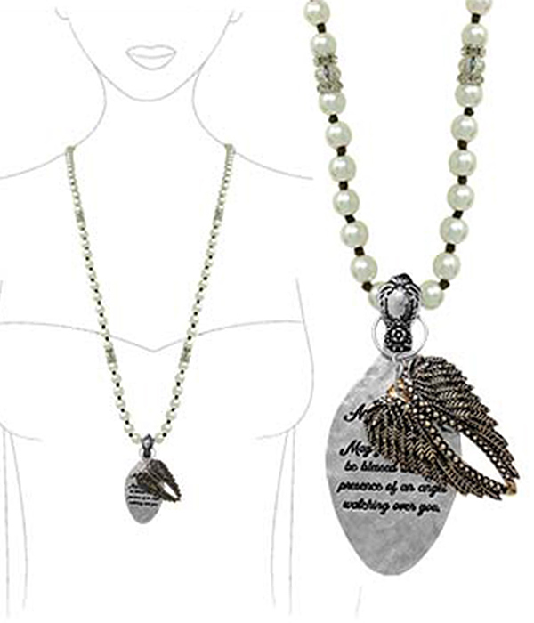 RELIGIOUS INSPIRATION SPOON PENDANT AND MULTI PEARL LONG CHAIN NECKLACE - ANGEL BLESSING