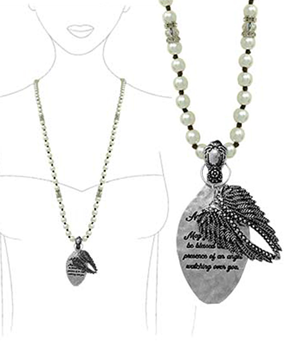 RELIGIOUS INSPIRATION SPOON PENDANT AND MULTI PEARL LONG CHAIN NECKLACE - ANGEL BLESSING