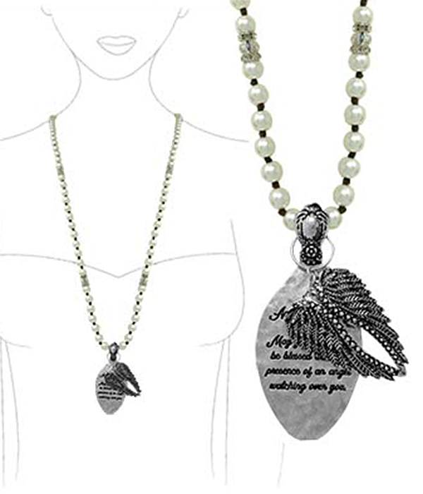 Religious inspiration spoon pendant and multi pearl long chain necklace - angel blessing