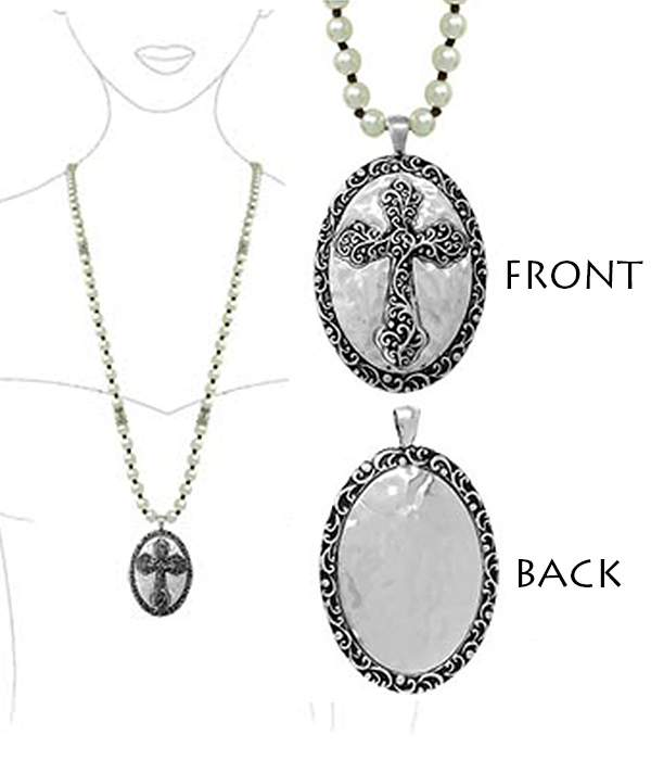 RELIGIOUS INSPIRATION DOUBLE SIDED PENDANT AND MULTI PEARL LONG CHAIN NECKLACE - CROSS