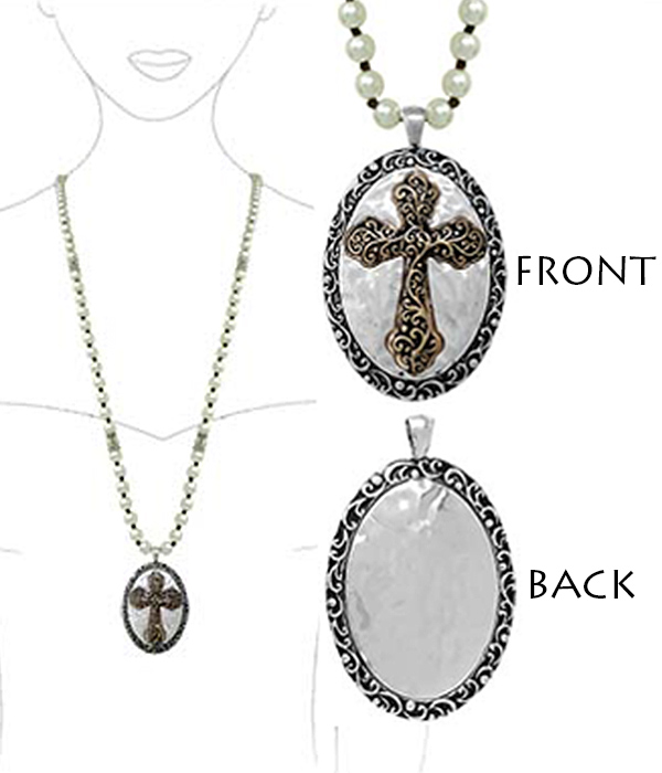 RELIGIOUS INSPIRATION DOUBLE SIDED PENDANT AND MULTI PEARL LONG CHAIN NECKLACE - CROSS