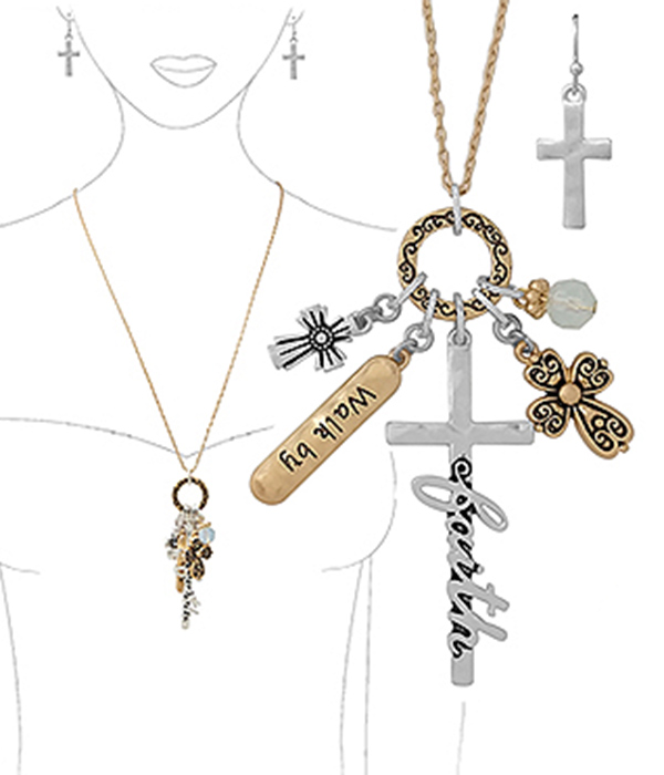 Religious inspiration multi charm pendant necklace set - walk by faith