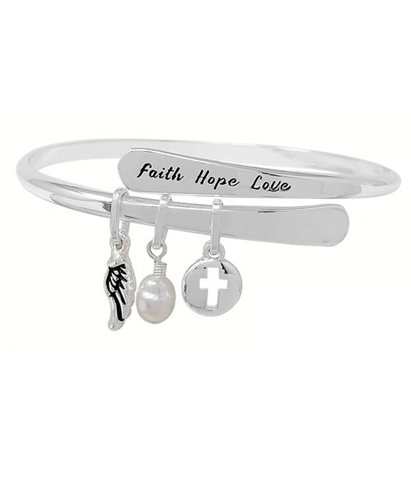 RELIGIOUS INSPIRATION MULTI CHARM AND BRASS WIRE BANGLE BRACELET - FAITH HOPE LOVE