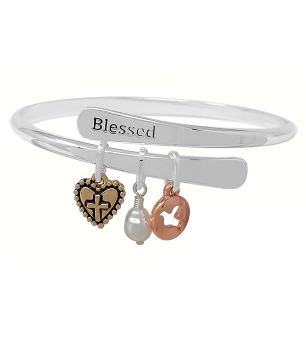 RELIGIOUS INSPIRATION MULTI CHARM AND BRASS WIRE BANGLE BRACELET - BLESSED