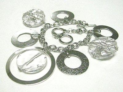 Metal disk and metal wired stone dangle bracelet