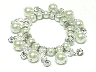 Crystal ball and pearl beads drop stretch bracelet