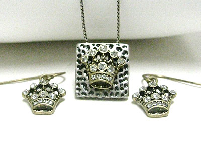 Crystal crown pimple square metal pendant necklace earring set