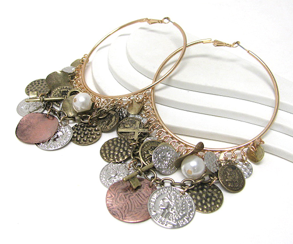 3 inch hoop multi meta ldisk and coin dangle earring - hoops