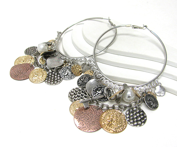 3 inch hoop multi meta ldisk and coin dangle earring - hoops