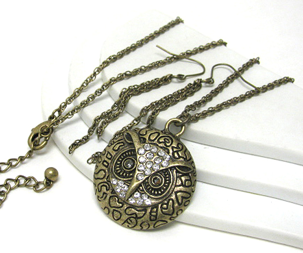 CRYSTAL STUD ROUND OWL PENDANT LONG NECKLACE EARRING SET