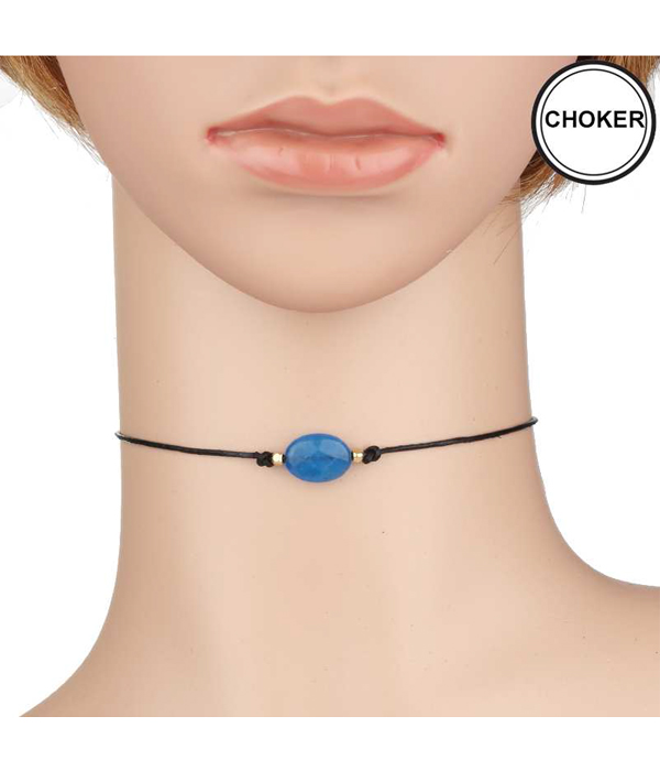 SEMI PRECIOUS STONE LEATHERETTE CORD CHOKER NECKLACE