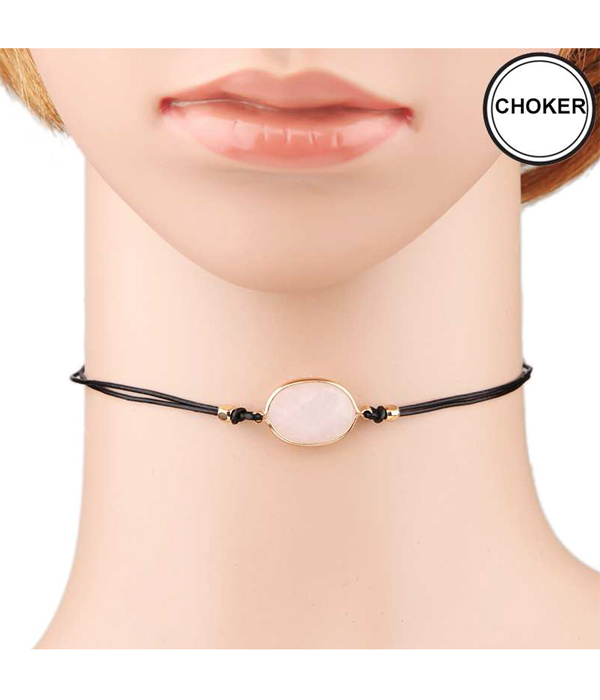Semi precious stone leatherette cord choker necklace 