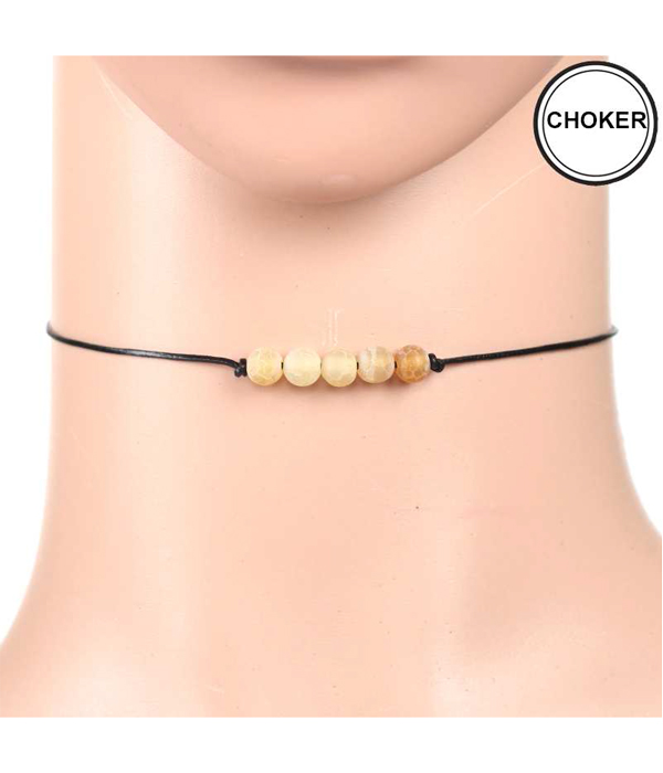 SEMI PRECIOUS STONE LEATHERETTE CORD CHOKER NECKLACE