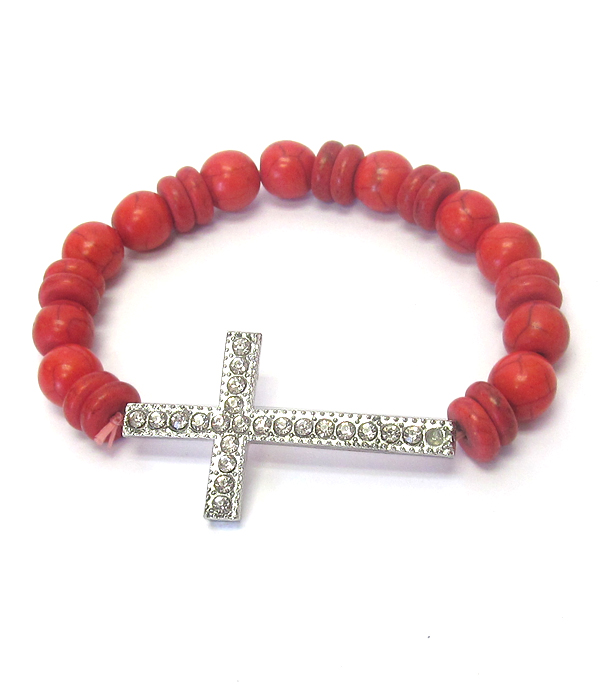 Crystal cross and ball bead stretch bracelet