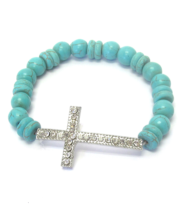 Crystal cross and ball bead stretch bracelet