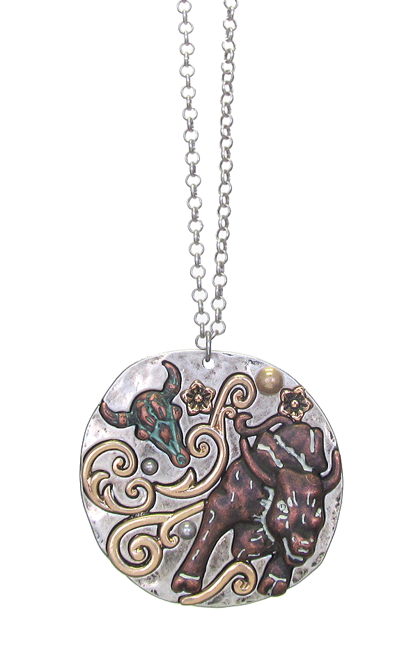 Large pendant and long chain necklace - long horn