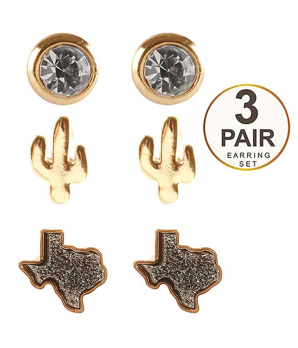 DRUZY AND CRYSTAL 3 PAIR EARRING SET - TEXAS CACTUS