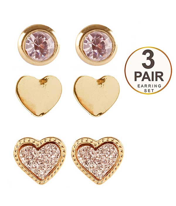 DRUZY AND CRYSTAL 3 PAIR EARRING SET - HEART