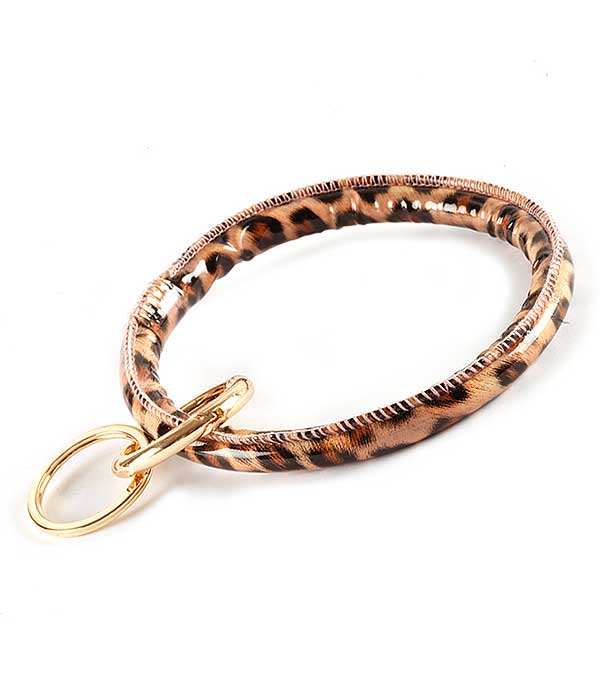 KEYRING LEATHERETTE BANGLE BRACELET WITH KEY CHAIN - ANIMAL PRINT