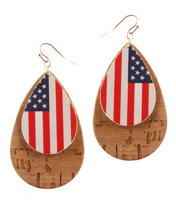 PATRIOTIC AMERICAN FLAG LEATHERETTE AND CORK EARRING - TEARDROP