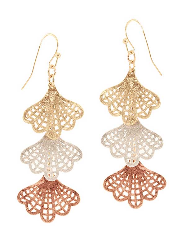 Metal filigree triple ginkgo tree leaf drop earring