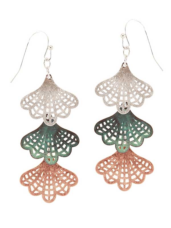 Metal filigree triple ginkgo tree leaf drop earring