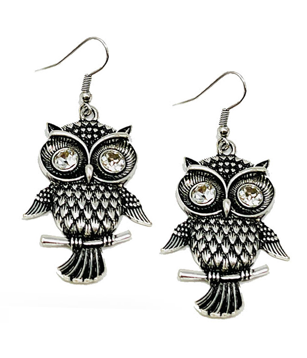 ANTIQUE SILVER CRYSTAL EYE OWL EARRING