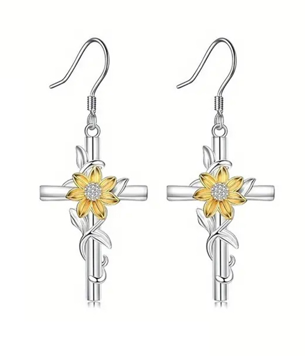 Sunflower and cross earring