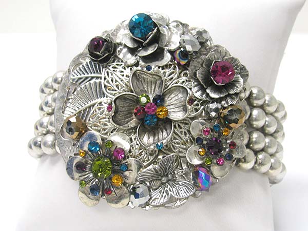 Crystal stud metal fliligree flower deco round stretch bracelet