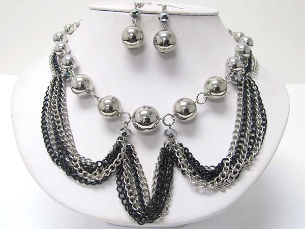 METAL CHAIN HANGIN G DROP MEAL BALL LINK NECKLACE EARRING SET