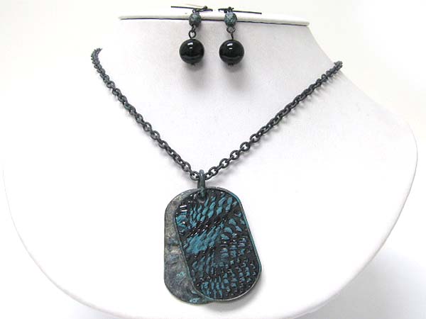 Patina metal art double dogtag pendant necklace earring set