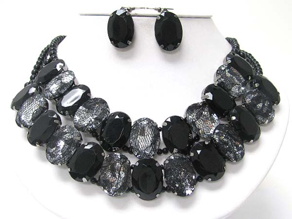 Double line chiffon mesh glass stone necklace earring set