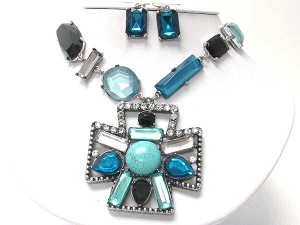 Crystal and glass stone cross medal dangle facet glass stone necklace earring set
