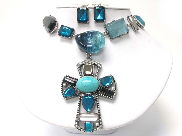 Natural stone resin and glass stone cross medal dangle necklace earring set