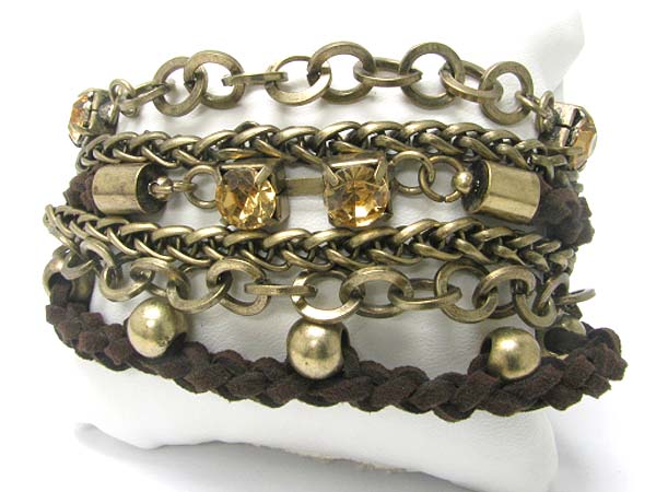 BARIDED SUEDE AND CRYSTAL WOTH MULTI MIXED CHAIN LINK BRACELET