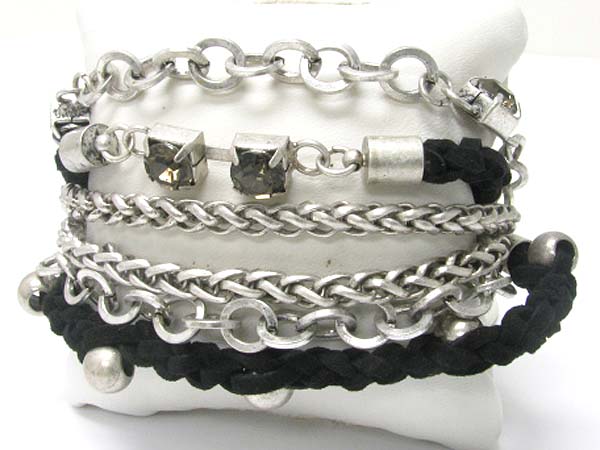 BARIDED SUEDE AND CRYSTAL WOTH MULTI MIXED CHAIN LINK BRACELET