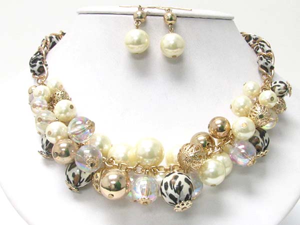 Multi pearl and glass ball dangle chiffon back chain necklace earring set