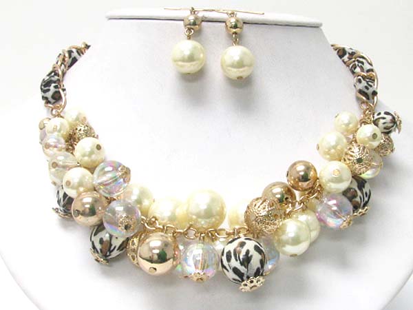 MULTI PEARL AND GLASS BALL DANGLE CHIFFON BACK CHAIN NECKLACE EARRING SET