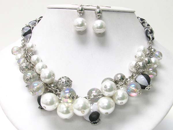 Multi pearl and glass ball dangle chiffon back chain necklace earring set