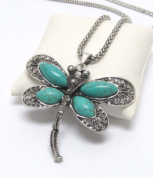 Turquoise and metal filigree dragonfly pendant long necklace